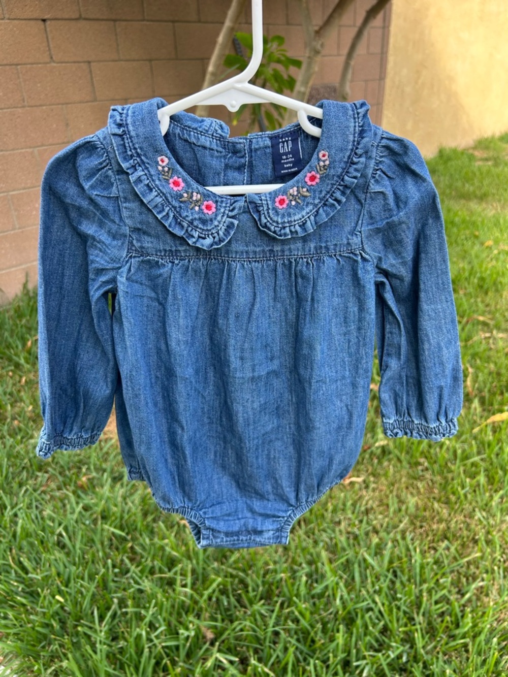 GAP Denim Ruffle Collar One-Piece with Pink Floral Embroidery - Blue